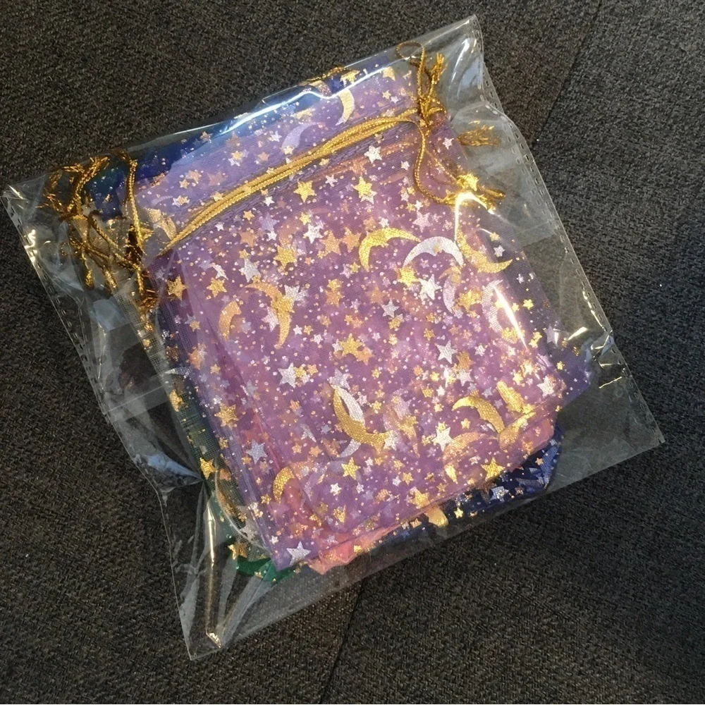12 Count - Moon + Star Small Jewelry Organza Drawstring Bags, ~4 x 5 inches